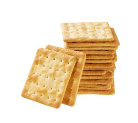 Stack of square water crackers isolated on white background. Water crackers placed on top of each...