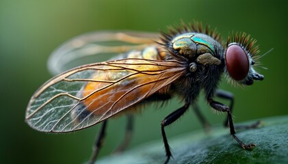 Obraz premium A 3D macro image focusing on the delicate texture of an insect wing, highlighting the iridescent colors and intricate patterns, surrounded by a softly blurred natural background.