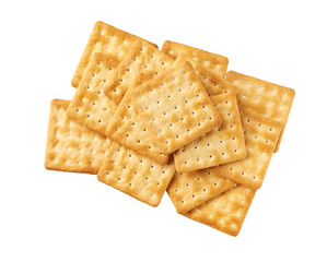 Heap of water crackers isolated on white background, top view.