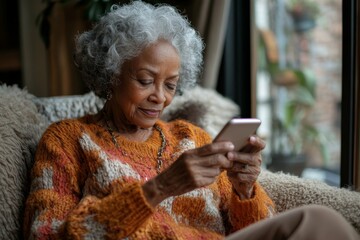 Portrait of senior African American woman holding smartphone and tapping screen using internet while relaxing at home, Generative AI