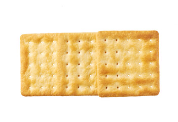 water crackers isolated on white background, top view. Linear composition. Dry soup crackers isolated, top view.
