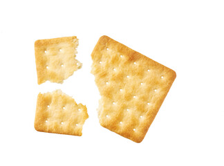 Broken square water crackers isolated on white background, top view.