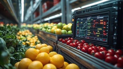 A screen displaying a stock market graph is positioned in a supermarket, contrasting the financial world with the everyday essentials of food.