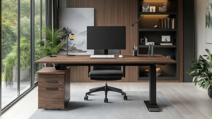 Fototapeta premium Adjustable Height Desk Stand In Office, Generative AI