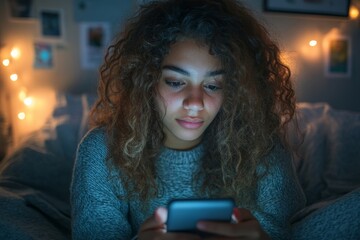 Portrait of curly haired young woman using smartphone in dorm room and scrolling social media, copy space, Generative AI