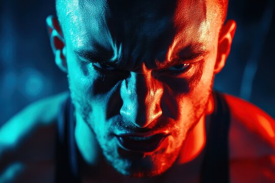 A dramatic, intense close up of an angry man's face illuminated with red and blue lights.