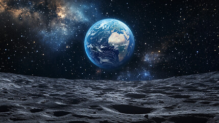 View from the Moon's cratered surface to the planet Earth in space with many stars and constellations generated in AI