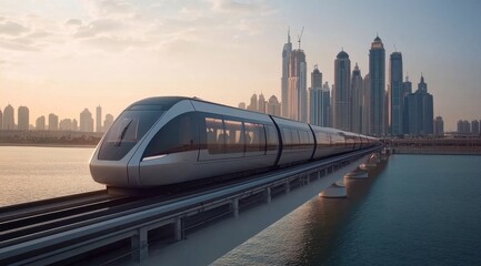 Naklejka premium Modern futuristic train crossing a bridge, with a skyline of skyscrapers in the background.