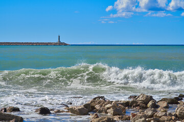 View of the sea surf on the shore of Bar, Montenegro