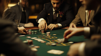 Excitement fills the air as players engage in a thrilling blackjack game at a bustling casino table under warm lighting