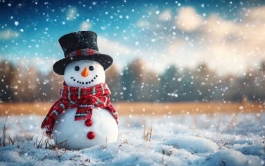 Obraz premium Funny snowman in stylish black hat and red scalf on snowy field. Merry Christmass and happy New Year!