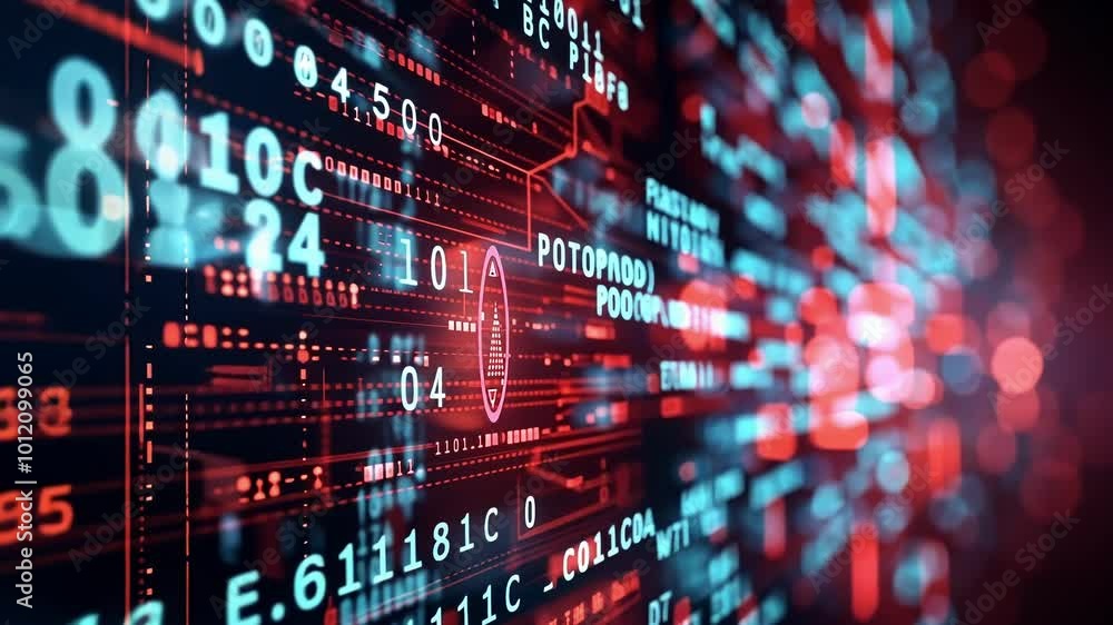 Poster digital security system scans for malware in a network filled with binary code, creating a futuristi