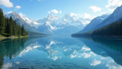 Fototapeta premium A serene high-definition scene of a crystal-clear mountain lake, perfectly reflecting the surrounding snow-capped peaks and evergreen trees under a blue sky with a few clouds.