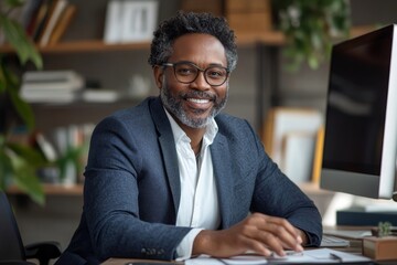 Medium shot portrait of attractive adult African American lawyer or manager executive posing and smiling at camera while sitting at working desk with computer, copy, Generative AI