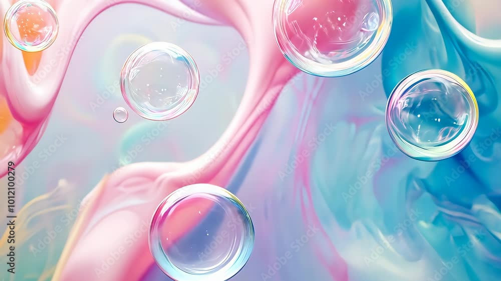 Poster abstract pastel background with floating soap bubbles, dreamy and whimsical concept