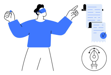 A person using digital tools to interact with data and documents. Ideal for digital work, data management, document processing, productivity, and modern technology. Simple modern vector style with