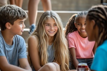 Obraz premium Youthful intercultural school friends with soda looking at one another while sitting on wooden staircase and chatting against other kids, Generative AI
