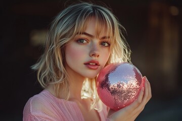 Naklejka premium Portrait of young woman in casual wear using laptop at workplace nook against green wall, Generative AI