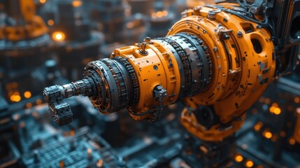 Obraz premium A close-up of a robotic arm, showing intricate gears and mechanisms.