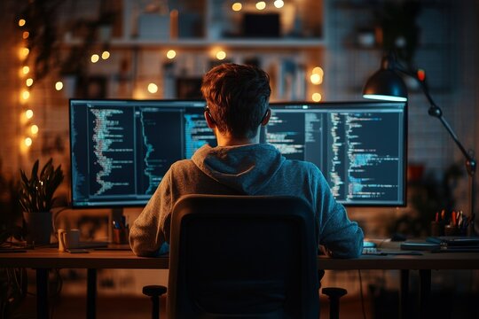 Rear view of young programmer in eyeglasses writing codes on different gadgets while working at his workplace in IT office, Generative AI