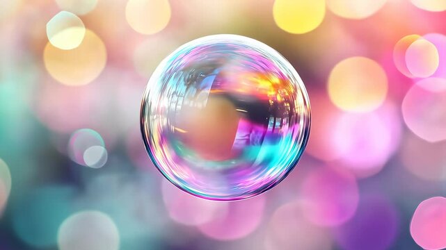Colorful soap bubble with bokeh light effects, dreamy atmosphere. Abstract art and whimsy concept