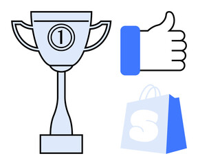 Trophy with number one symbol, thumbs up sign with blue cuff, and shopping bag with letter S. Ideal for success, achievement, approval, positive feedback, and shopping. Simple line art style