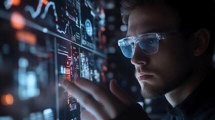 Man with glasses touching digital screen with indicators and levels created in AI