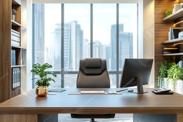 Stylish office interior with workplace, pc computer and window. Mock up wall, Generative AI