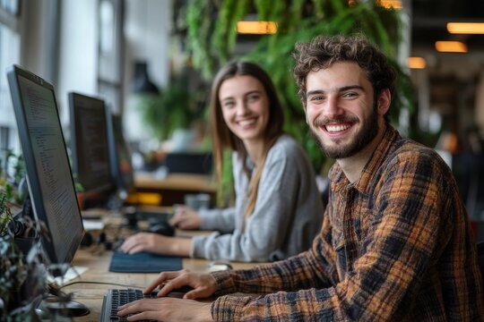 Portrait of two young programmers using computers in office and smiling happily enjoying work, Generative AI
