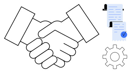 Handshake in the center with rolled-up contracts and a cogwheel. Ideal for business partnerships, agreements, teamwork, cooperation, and project management. Clean, minimalistic style