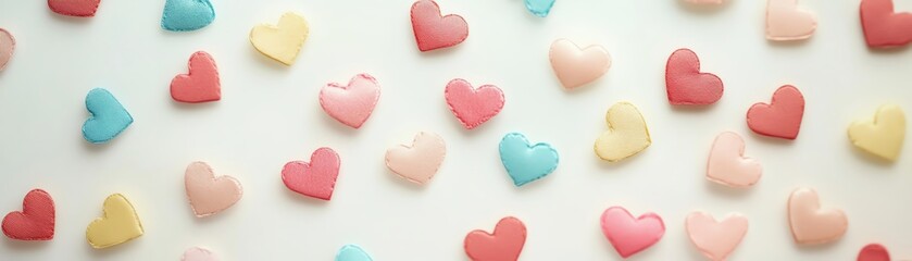 Fototapeta premium Random scattering of hearts in soft pastel colors, creating a playful pattern