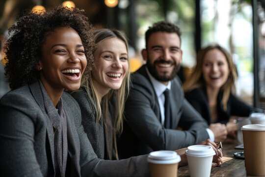 Low angle view at multi -ethnic group of business people laughing happily while chatting during coffee break in office, copy space, Generative AI - Powered by Adobe