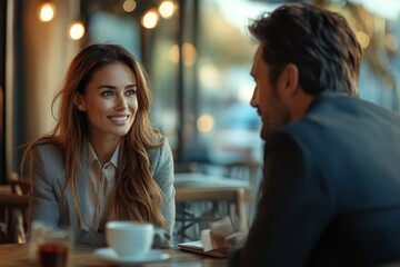 Portrait of two business people meeting at cafe table and discussing work, copy space, Generative AI