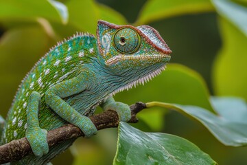 Fototapeta premium A green lizard is on a leaf, generative ai image