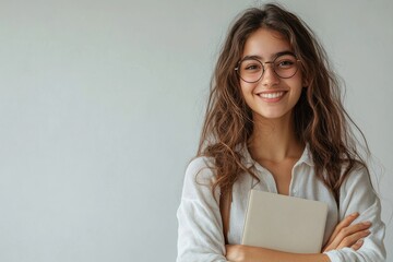 Smiling businesswoman with notebook, portrait on copy space white background, Generative AI