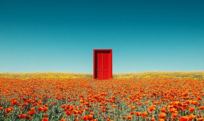 A vivid red door stands alone in the middle of a poppy field under a clear blue sky, symbolizing a concept of opening to nature. Generative AI