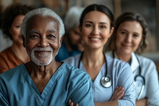 Diverse group of senior people enjoying breakfast at round table in modern nursing home, Generative AI