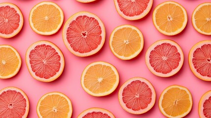 Full screen closeup of oranges and grapefruits cut into slices. Juicy refreshing citrus fruits. Fruit background. Illustration for banner, poster, cover, brochure, advertisement, marketing, etc.