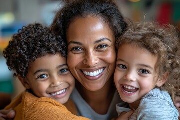 Fototapeta premium Happy mature African American teacher of nursery school embracing two adorable boys while having fun with group of intercultural kids, Generative AI