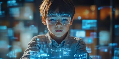 School kid working with tablet, digital hologram with face id and privacy, Generative AI