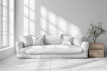 White relax room interior with couch and drawer, mockup wall, Generative AI