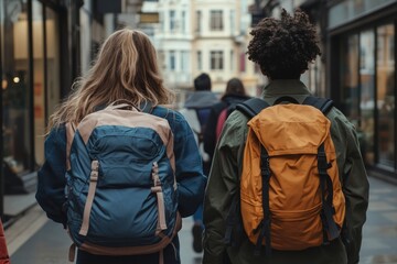 Fototapeta premium Rear view of youthful interracial pupils of secondary school with backpacks walking down street while coming back home after lessons, Generative AI