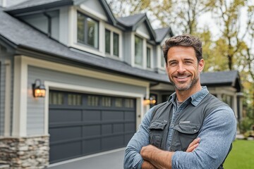 Fototapeta premium Garage Door Installation And Repair At Home. Contractor Man, Generative AI