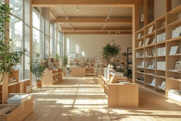 Wooden open space office interior with bookcase, Generative AI