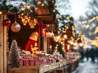 Festive holiday market adorned with lights and decorations