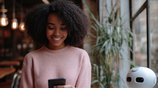 Smiling woman using smartphone and AI bot, machine learning, Generative AI