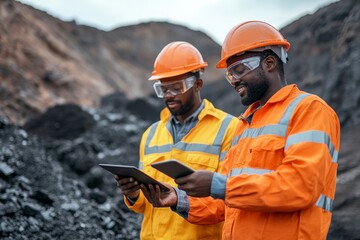 Mid-section portrait of two unrecognizable industrial workers wearing reflective jackets, one of them African, inspecting mineral ore on site outdoors, Generative AI