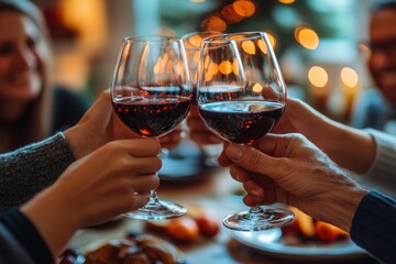 Close up of group of people toasting with wine glasses in celebration at Thanksgiving dinner table, copy space, Generative AI