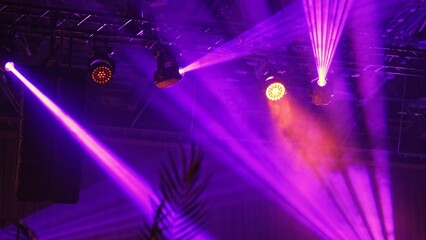 High Luminance Stage Disco Lights Casting Colorful Light Beams during Concert Gig Performance in...