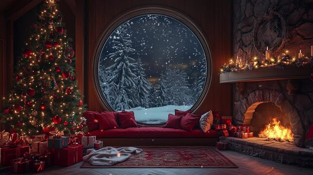 Christmas Magic: Snowy Forest, Decorated Tree, and Glowing Fireplace Loop